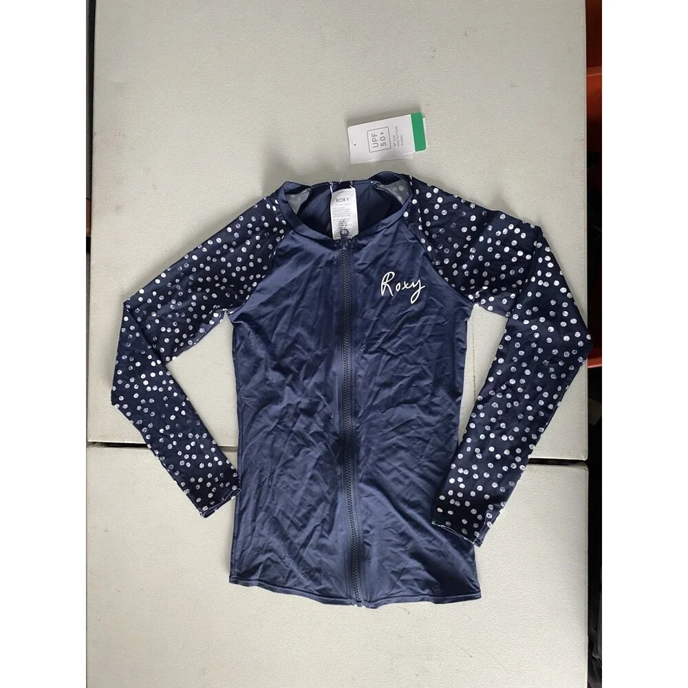 Roxy Womens XS Rash Guard Long Sleeve Zip Front Polka Dot UPF 50+ NWT Navy Blue